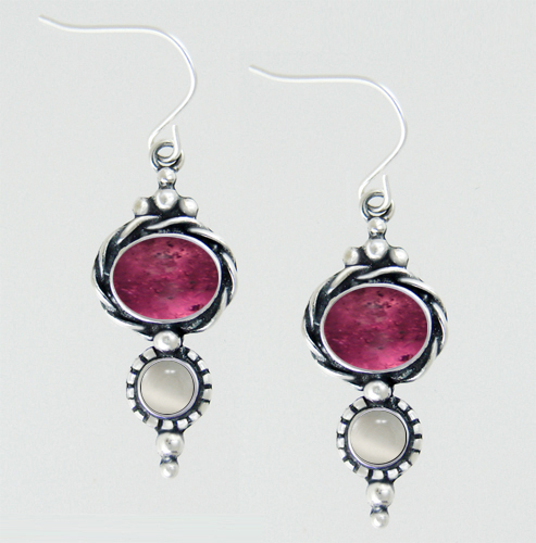 Sterling Silver Drop Dangle Earrings With Pink Tourmaline And White Moonstone